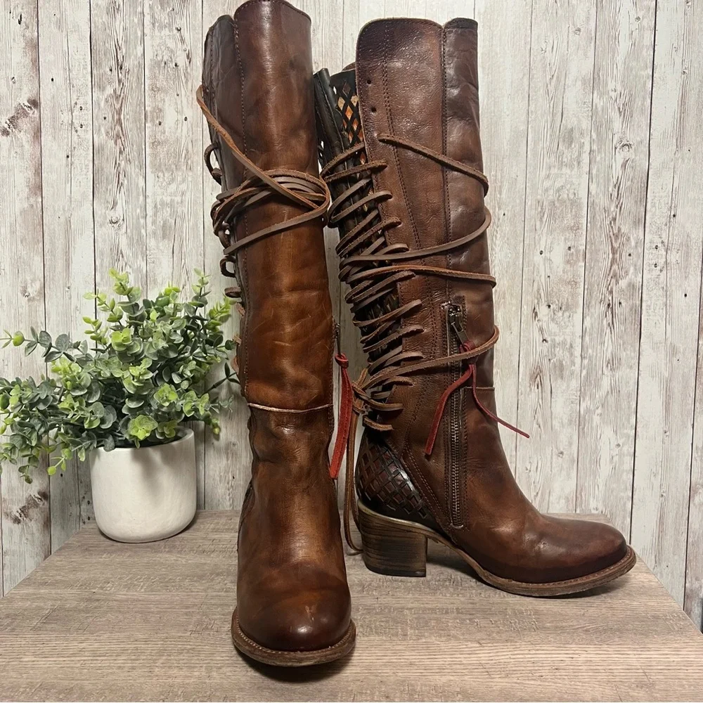 Freebird Steven Carver Tan Lace Up Leather Knee High Boots Coachella Festival 6 - Picture 3 of 9